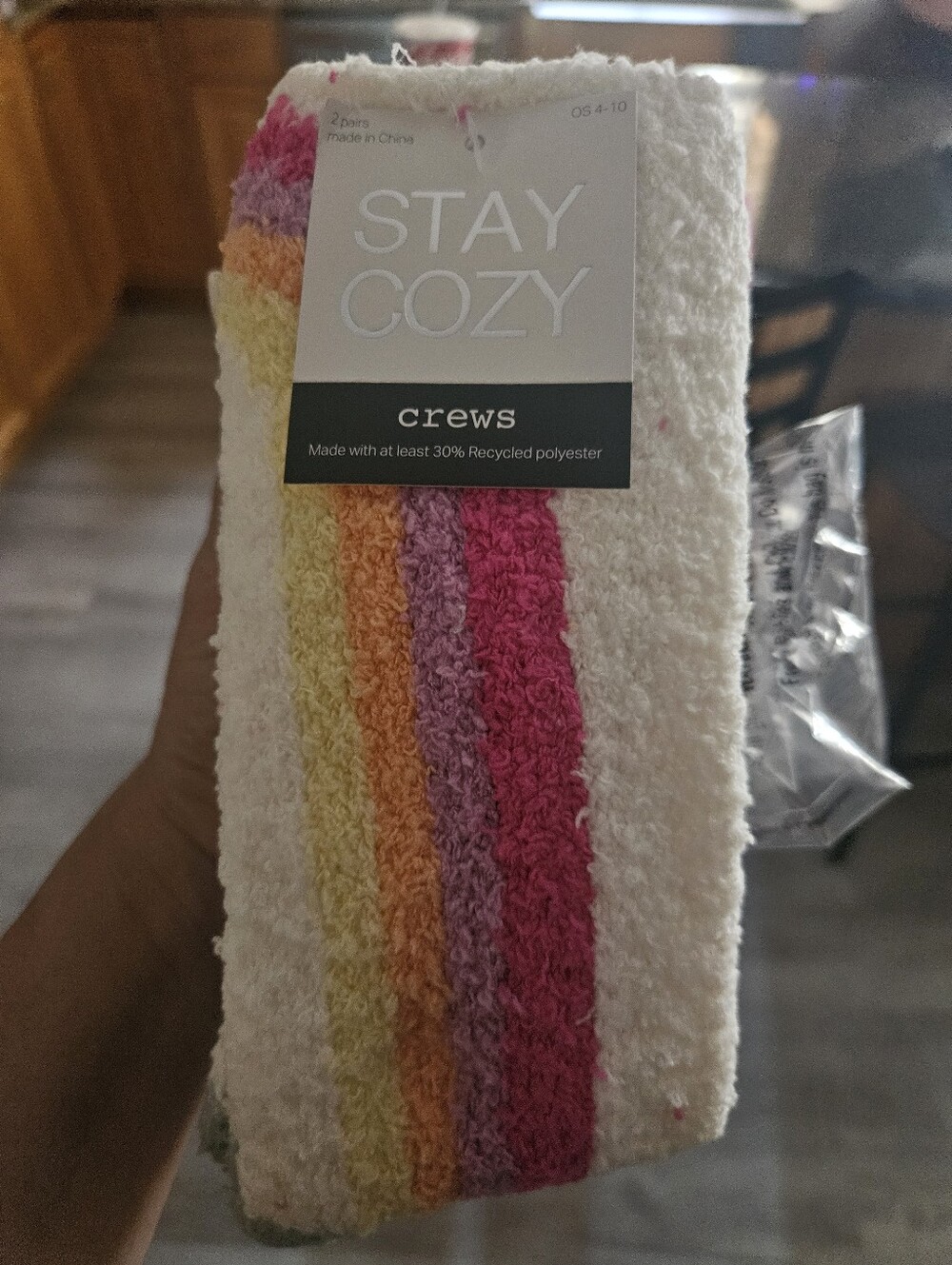 Stay Cozy Crews Cozy Socks - White with Pink, Purple, Orange & Yellow Stripes